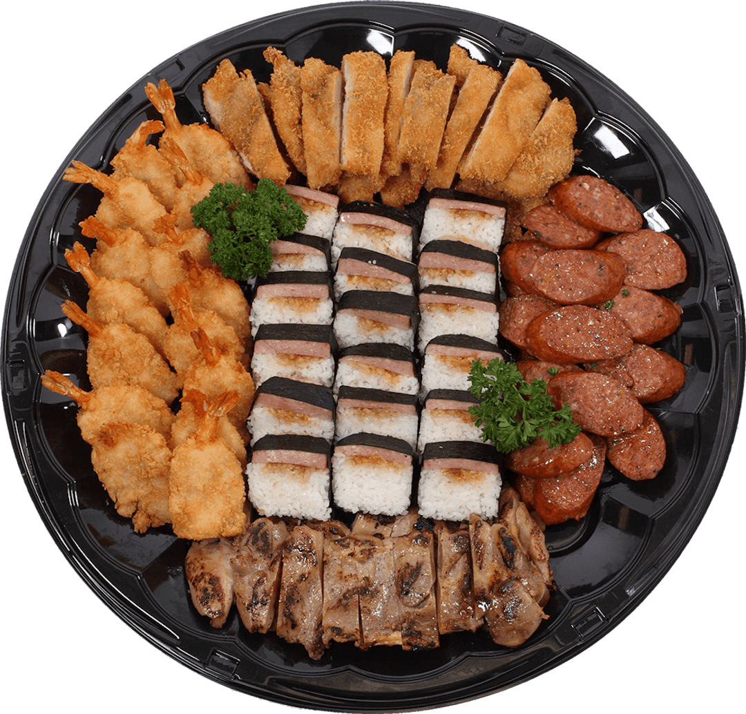 An L&L catering platter with spam musubis, portugese sausage, bbq chicken, chicken katsu, and fried shrimp.