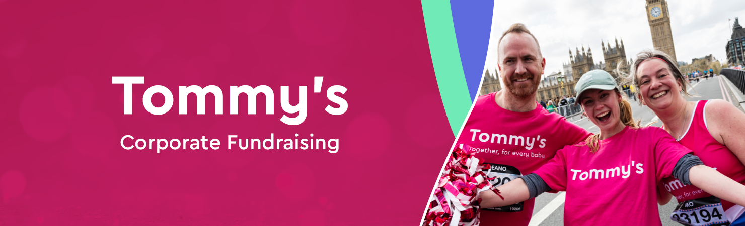 Banner with Tommy's logo and three runners in Tommy's tops taking a selfie on Westminster Bridge with Big Ben in the background