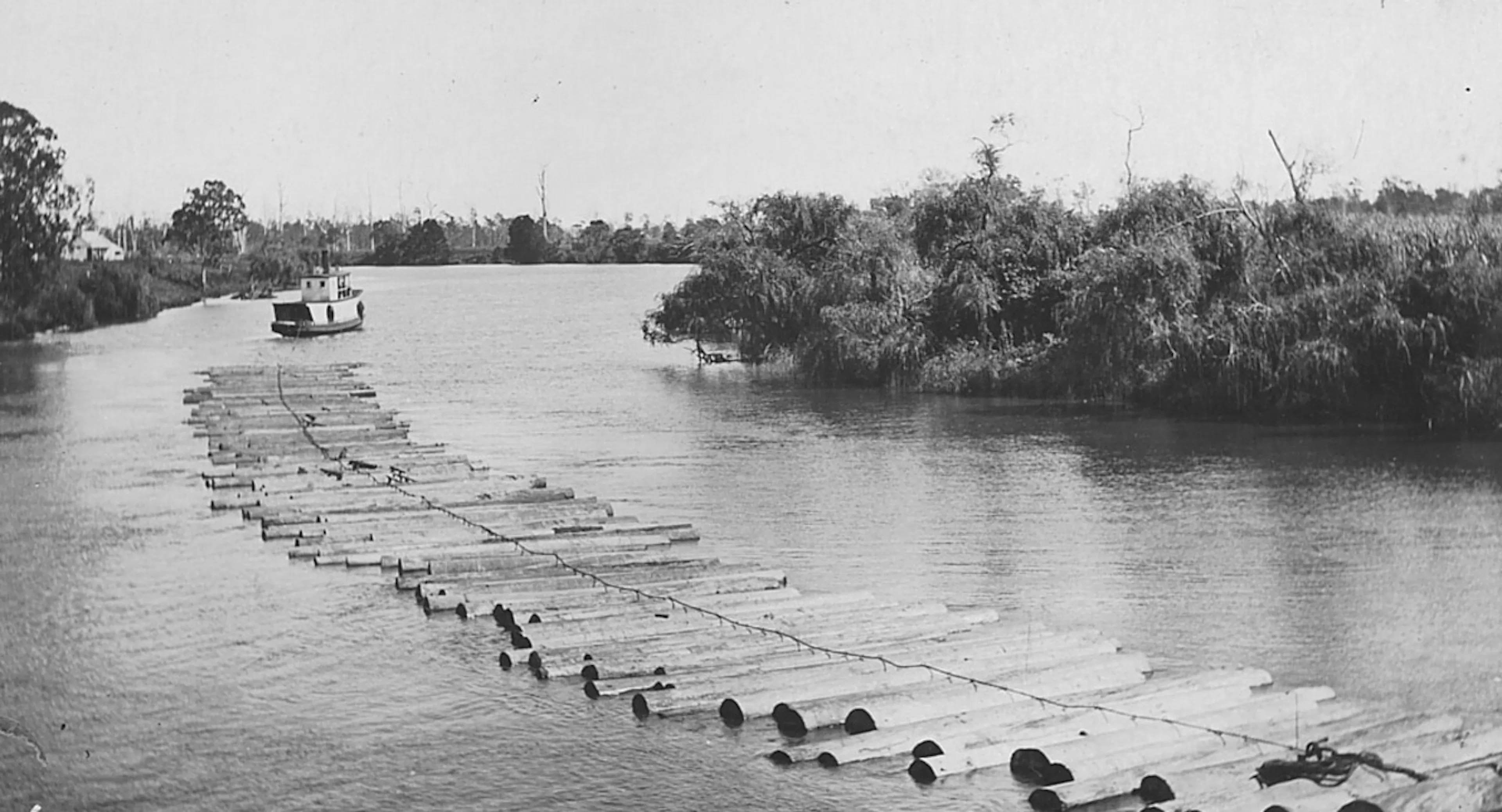 Drogher Aggie towing raft of pine logs, Richmond River. Richmond River Historical Society.