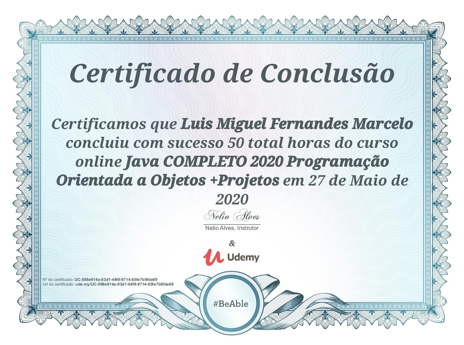 Certificado de conclusão do curso "Java COMPLETO 2020 Programação Orientada a Objeto +Projetos".