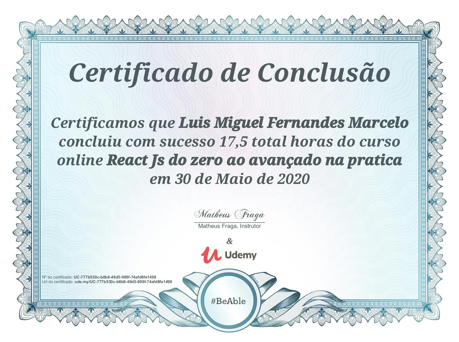 Certificado de conclusão do curso "ReactJS do zero ao avançado na prática".