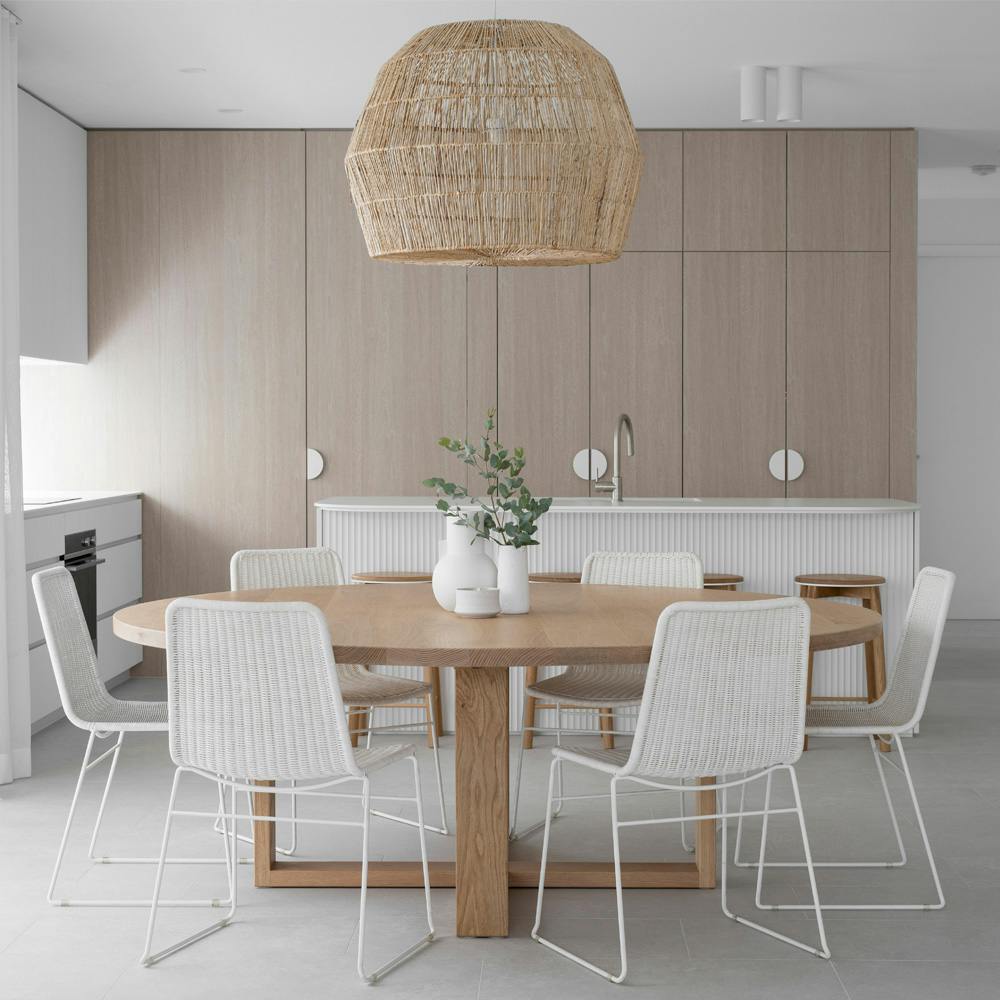 Lo & Co white half moon luna door handle in a neutral kitchen