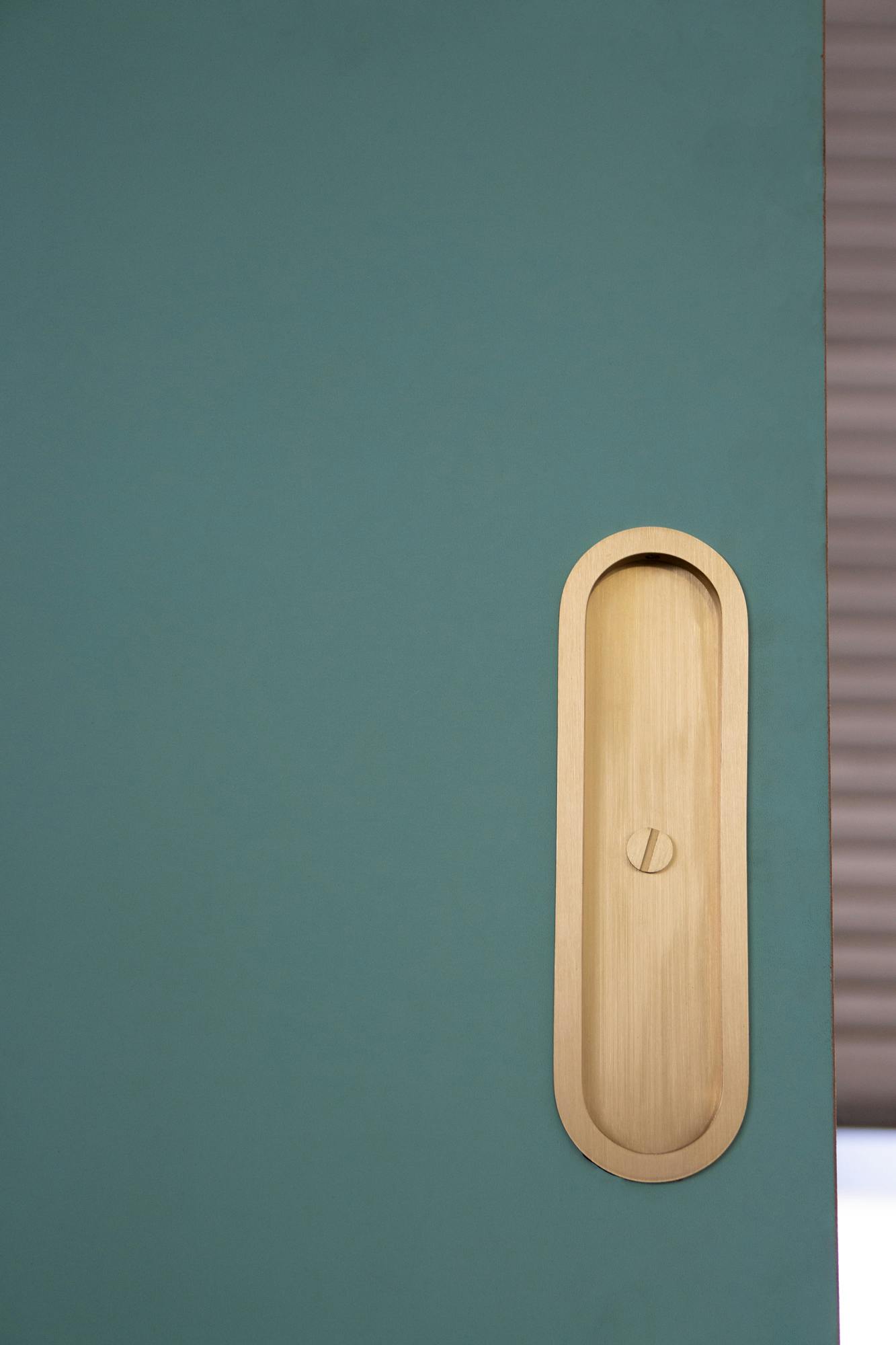 Lo and Co Flush Pull in Brass on a green door