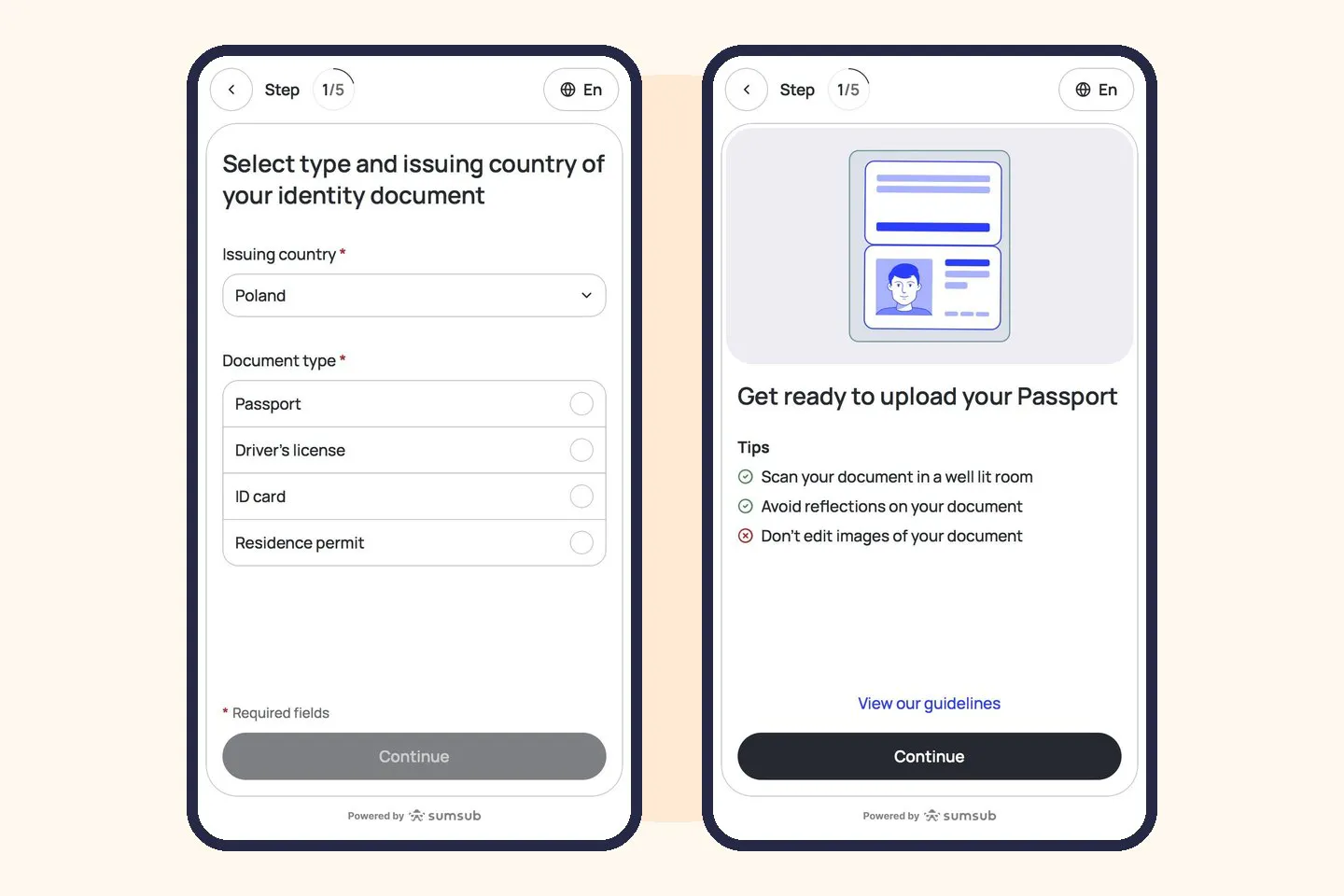 Choosing the issuing country and document type, with scanning tips