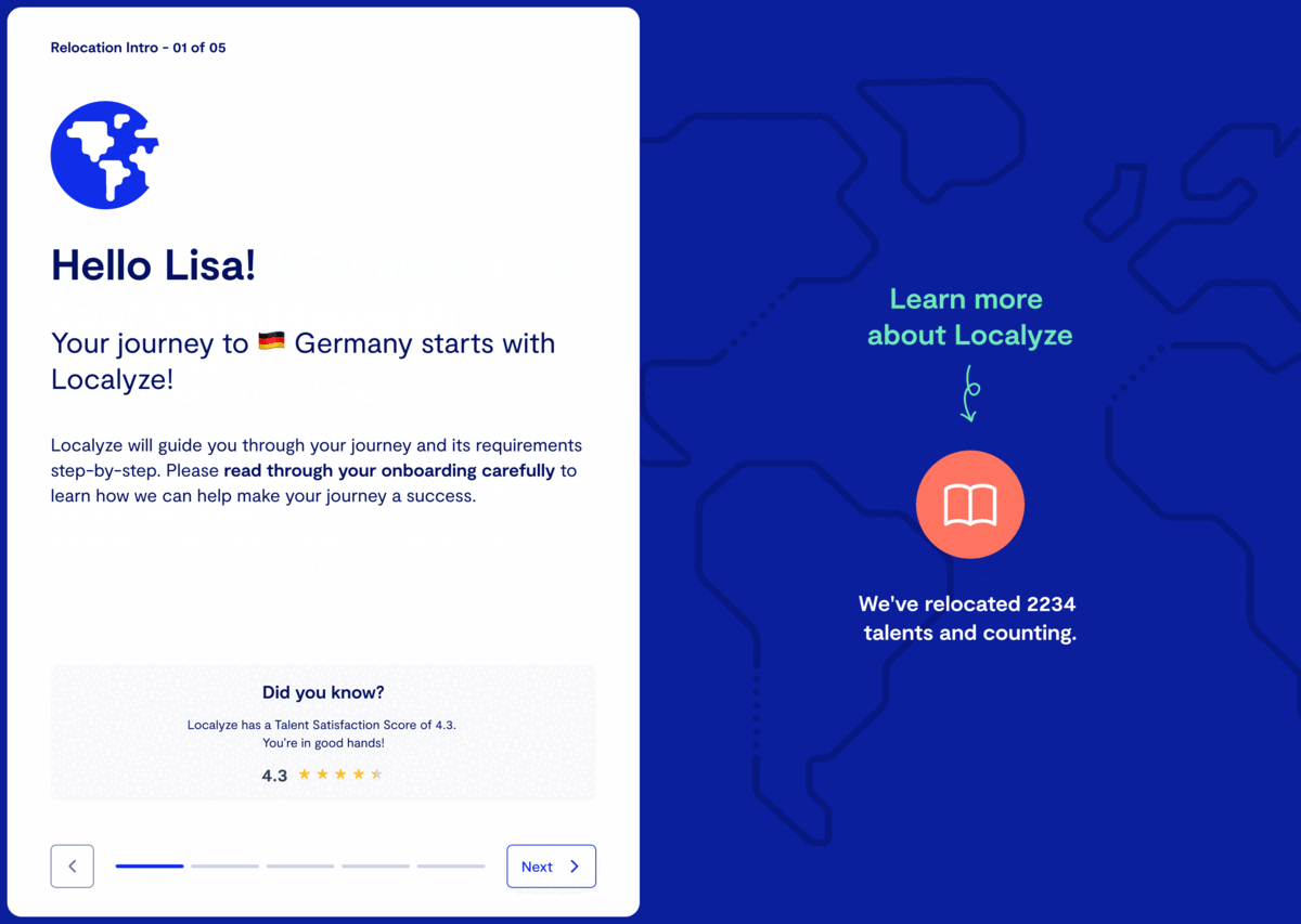 gif of talent onboarding flow showing introduction to Localyze, meeting your case manager, and what to expect from the visa process.