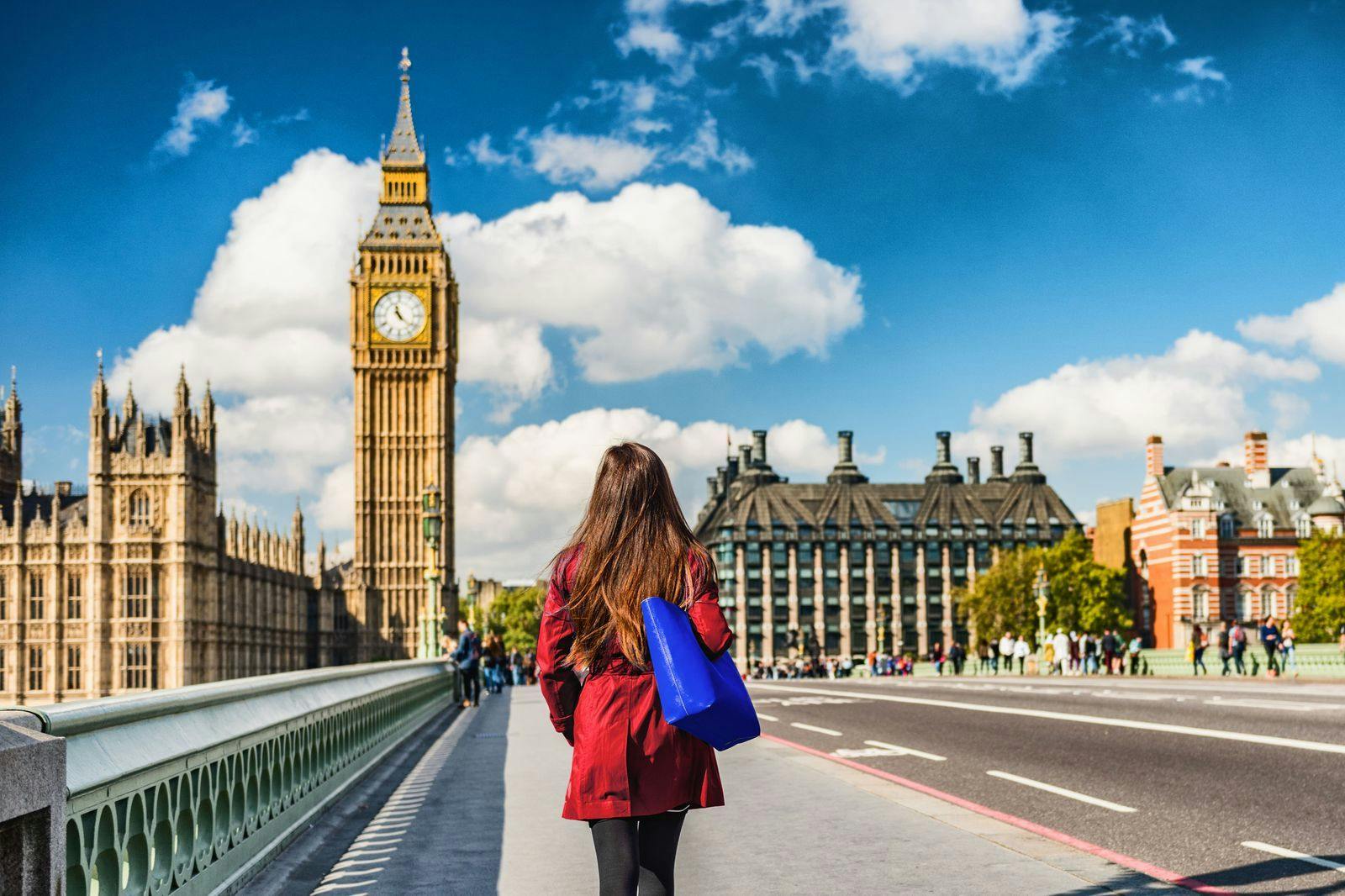 Woman in a red coat walking across a bridge in London