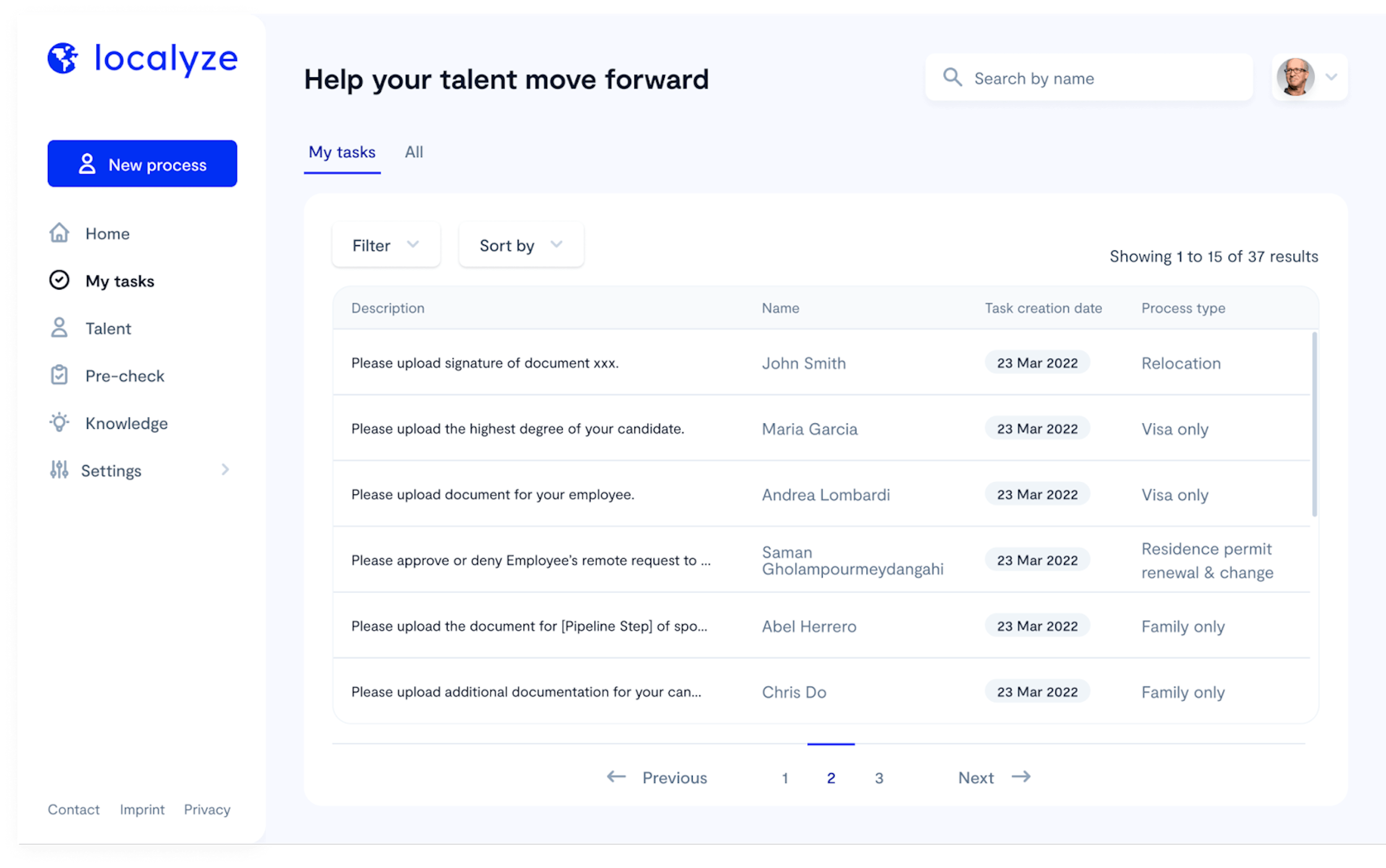 screenshot of Localyze product showing task menu for HR users helping employees through visa and relocation applications