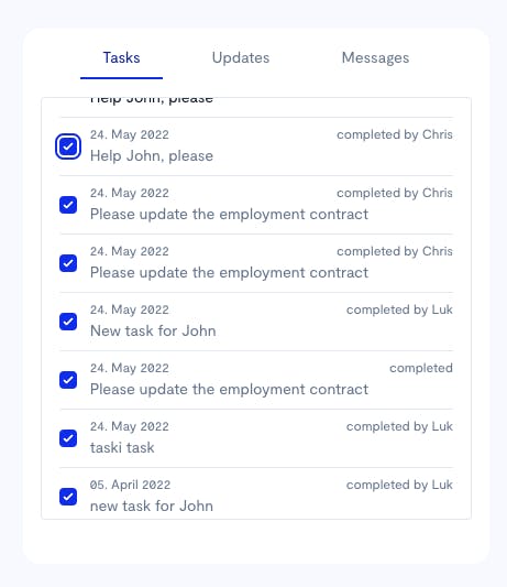 a list of completed tasks showing the name of the person who completed the task