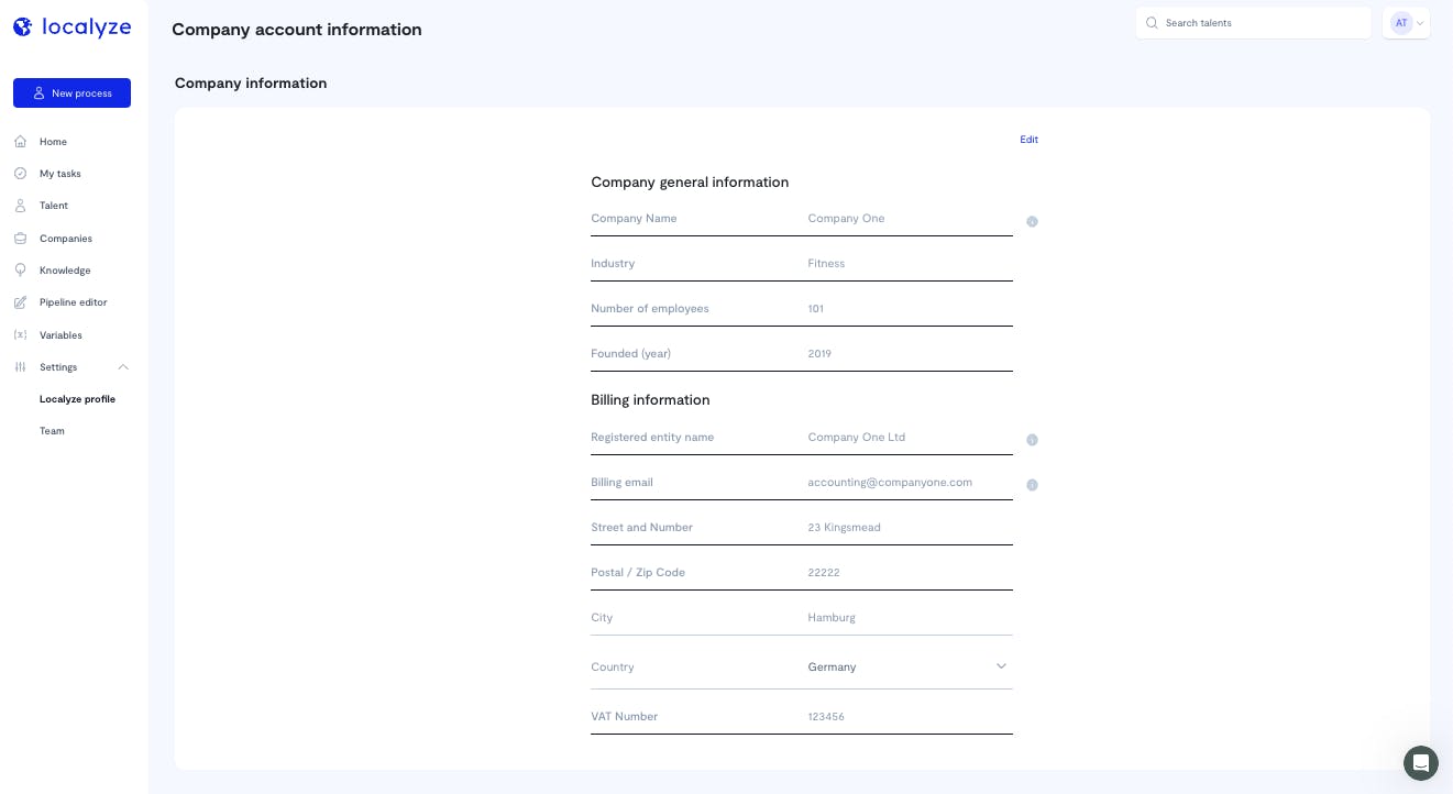 screenshot of Localyze company profile page showing billing information