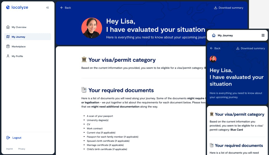Localyze Case Evaluation summary showing recommended visa and required documents.