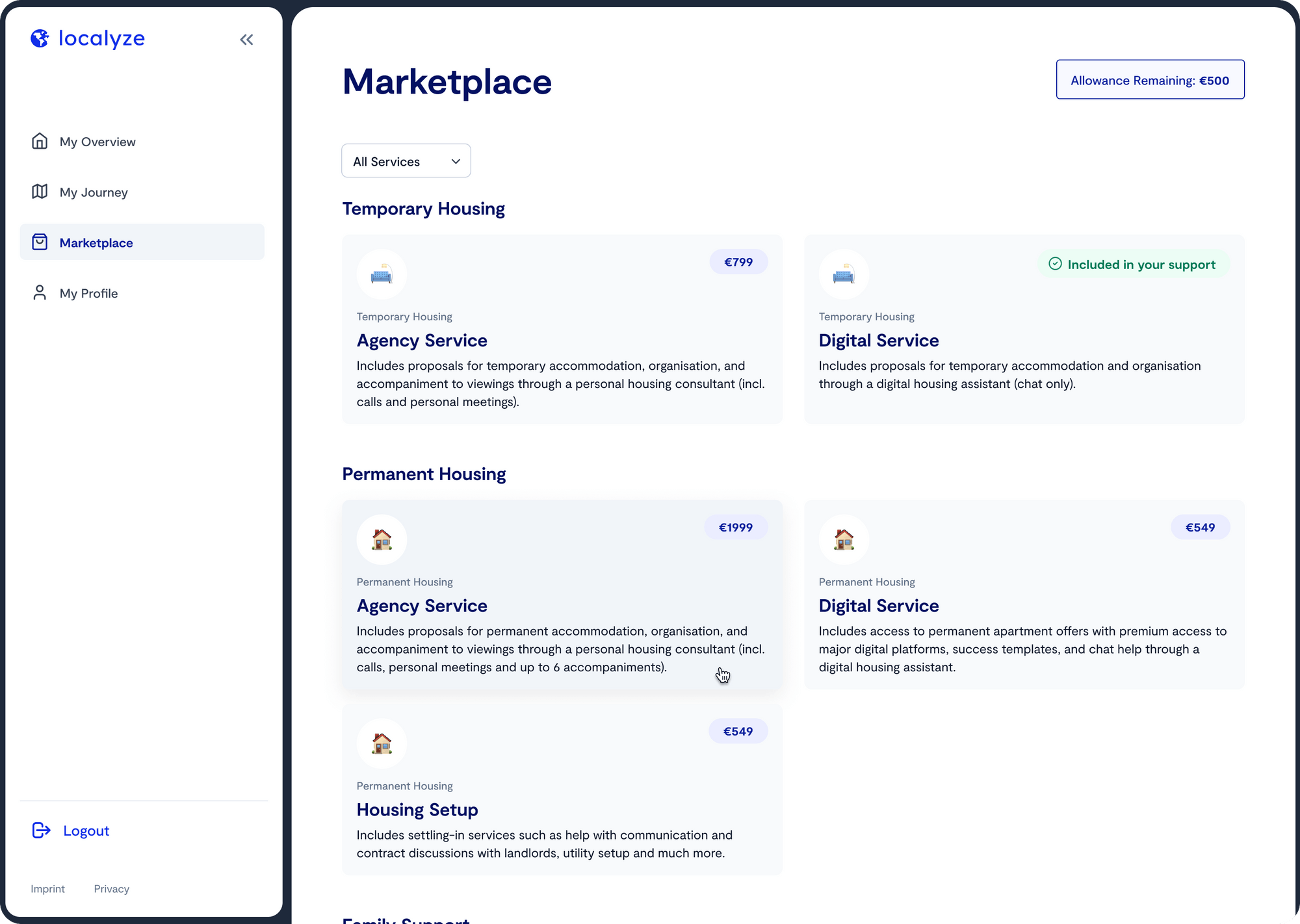 Localyze Marketplace showing options for temporary and permanent housing providers