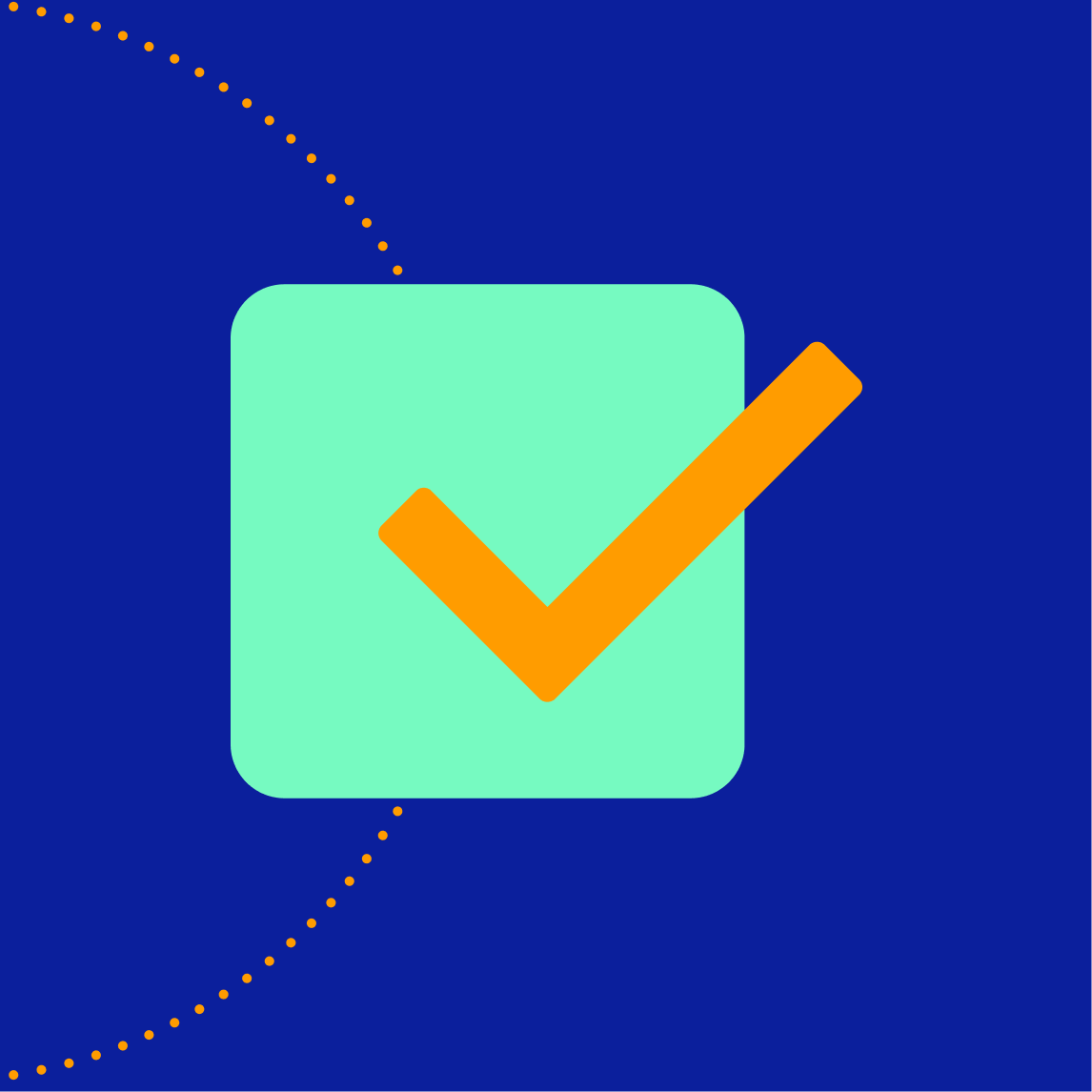 orange check mark in  a green box on a dark blu ebackground