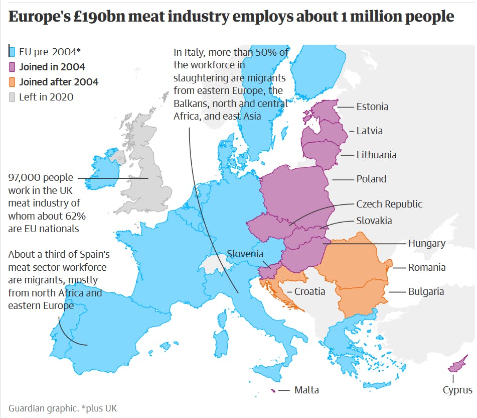 Map of Europe showing which countries employ the most foreign butchers
