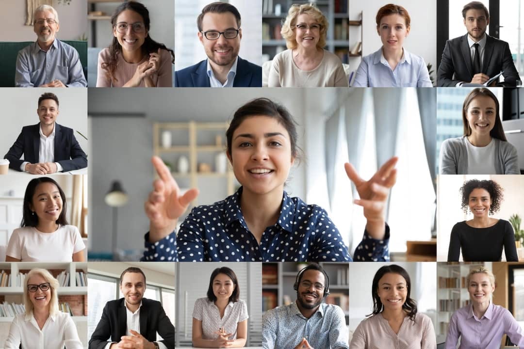 a group of co-workers participates in a video call about global mobility technology