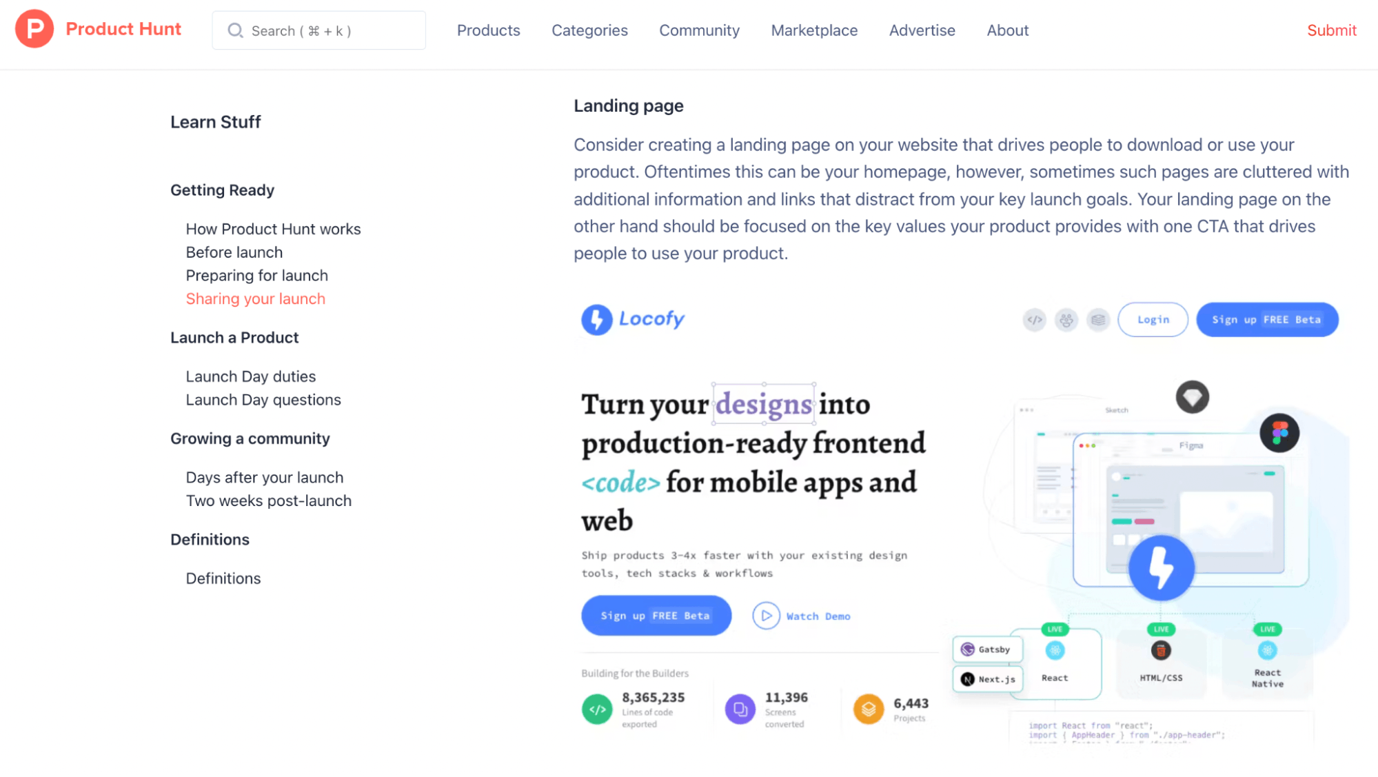 Locofy.ai featured in Product Hunt's own launch guide