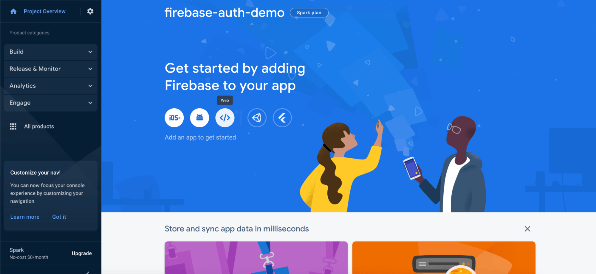 Image of Firebase project page.