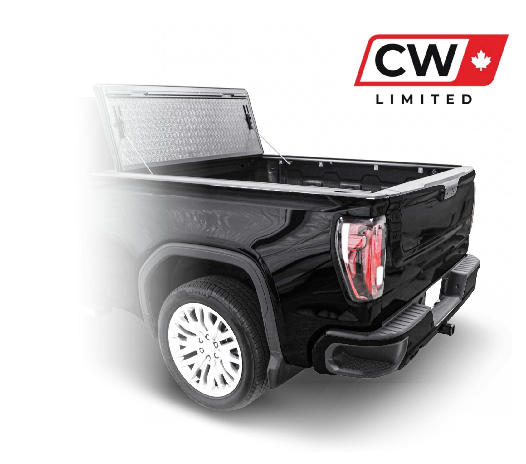 CW Limited project image showing the rear end of a pickup truck and the new CW logo