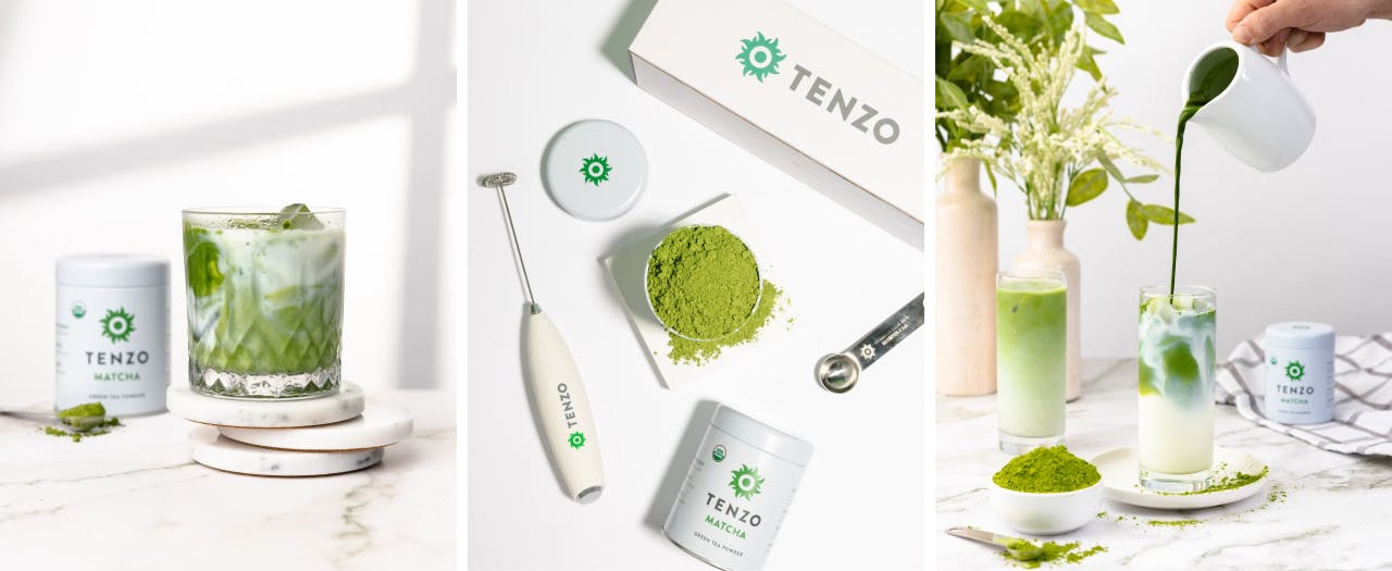 Collage of three high quality photos of matcha tee. Photo showcases the product and accessories, matcha drink with product in background and person pouring the tea into a glass.