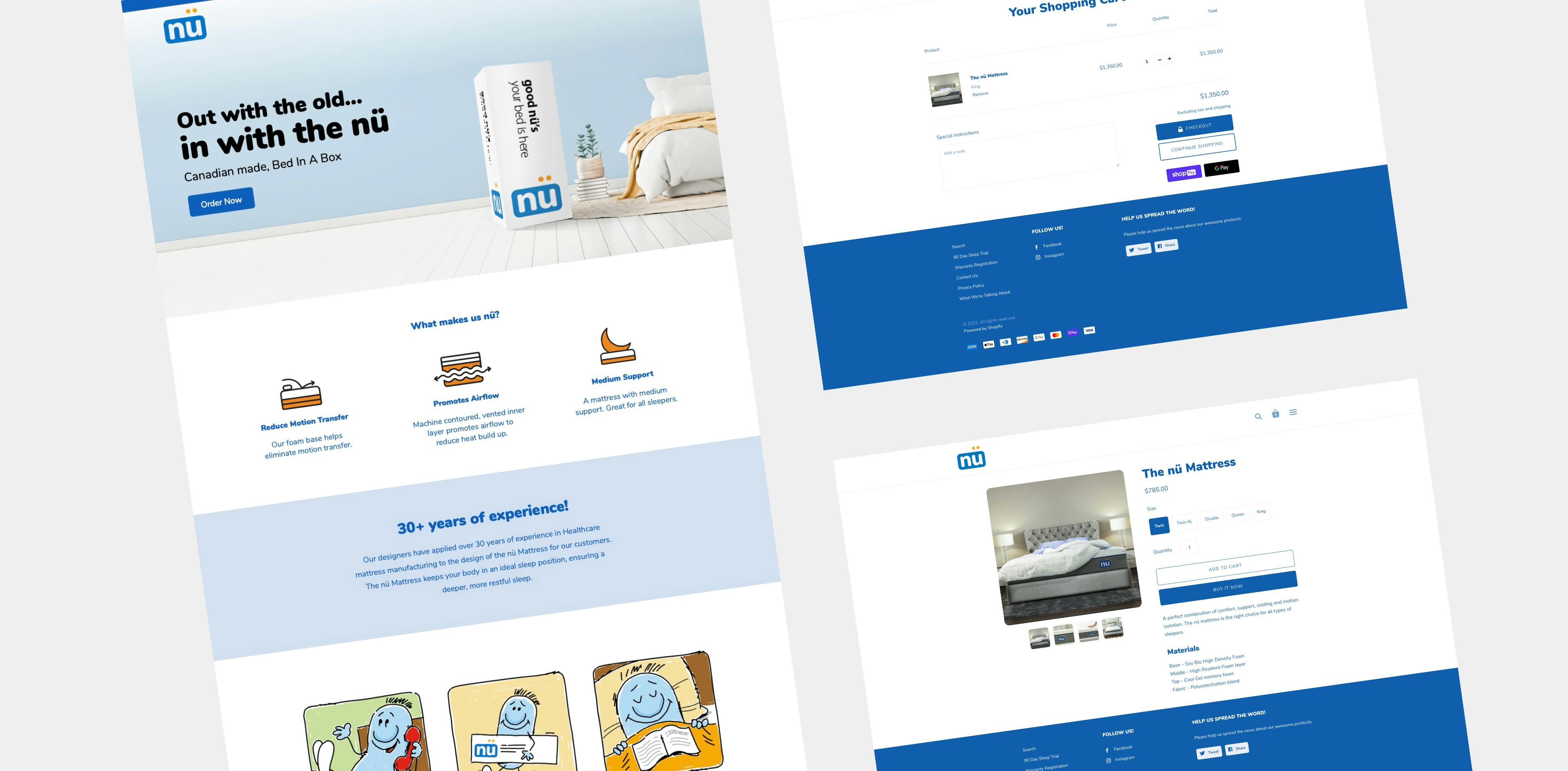Nu Website Home Page, Cart, and Product Page