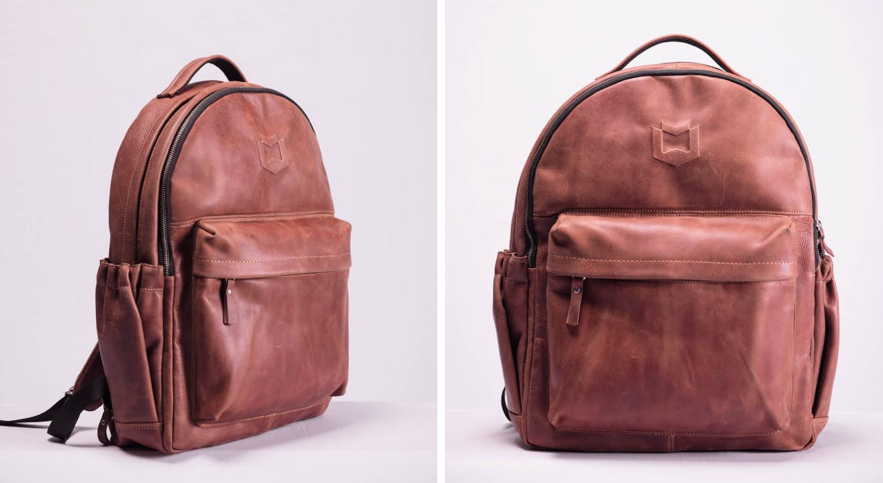High quality product images of a hand crafted leather bag. Two images of the bag are shown. One from a front-on view, another from a slightly angled side profile.