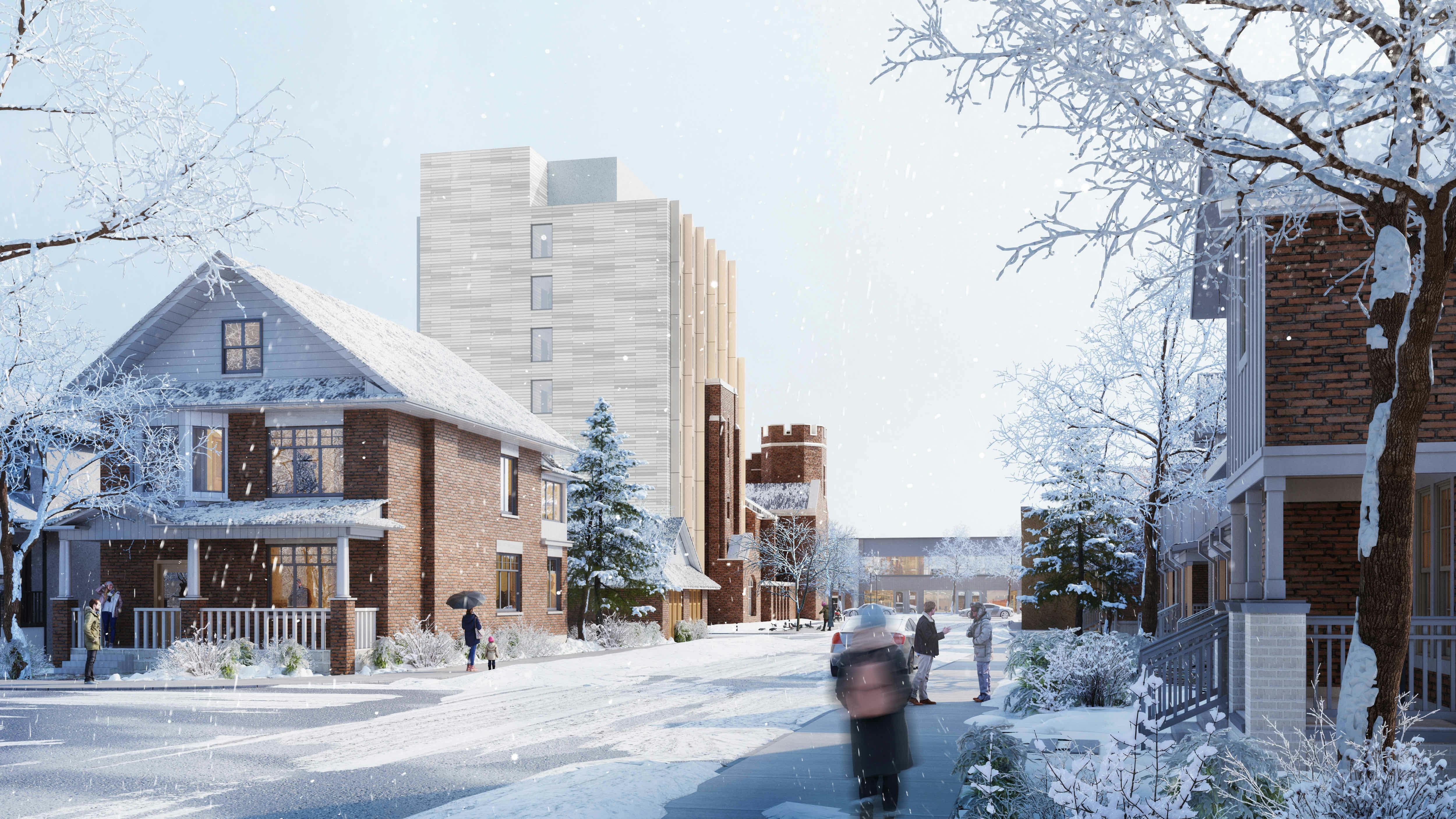 Street view of 60 Bowden in winter, with snow-covered houses and trees, and people walking along the sidewalk