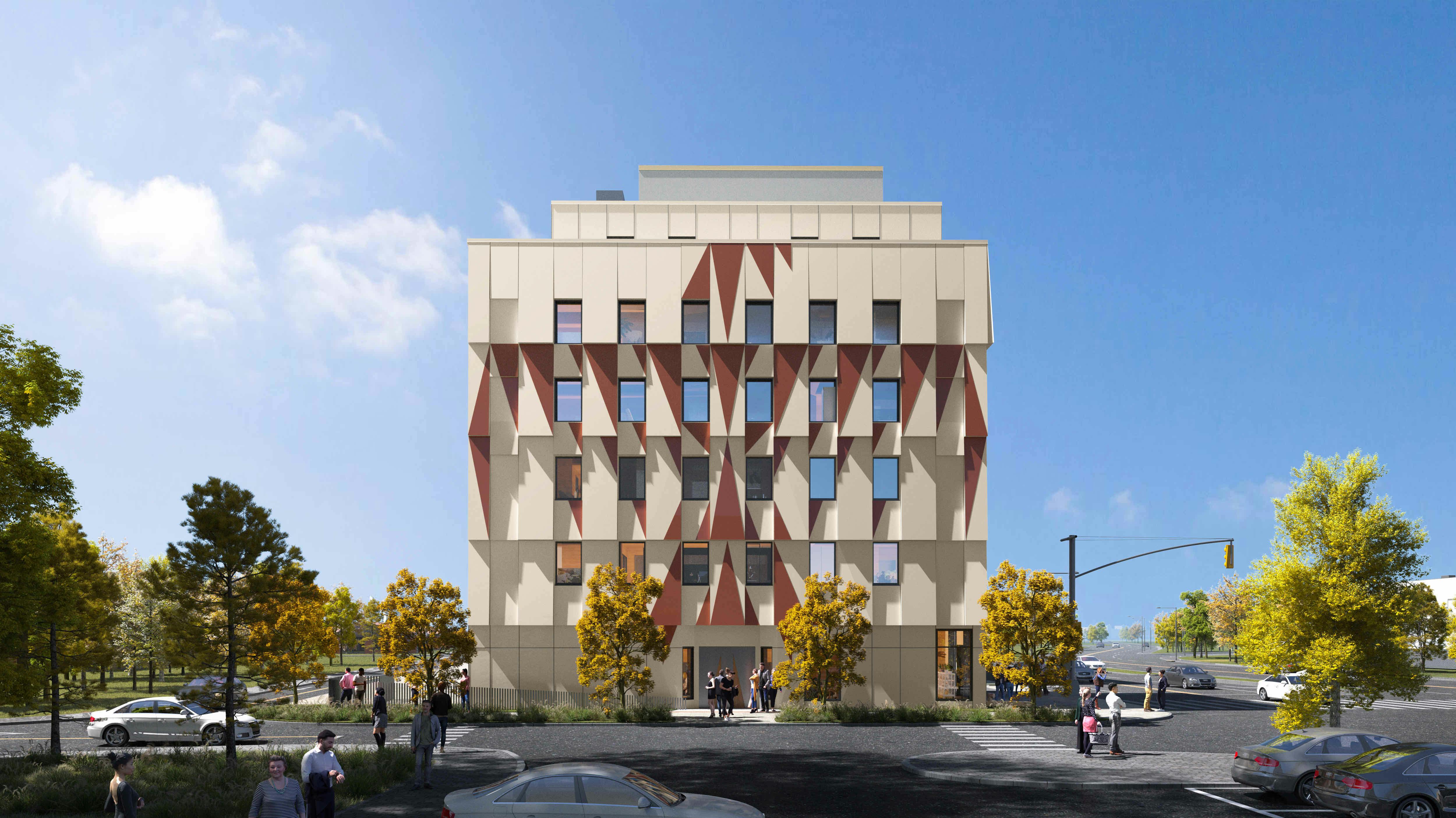 Front view of 2217 Kingston, a modern multi-story building with a unique geometric facade, surrounded by trees and a clear sky