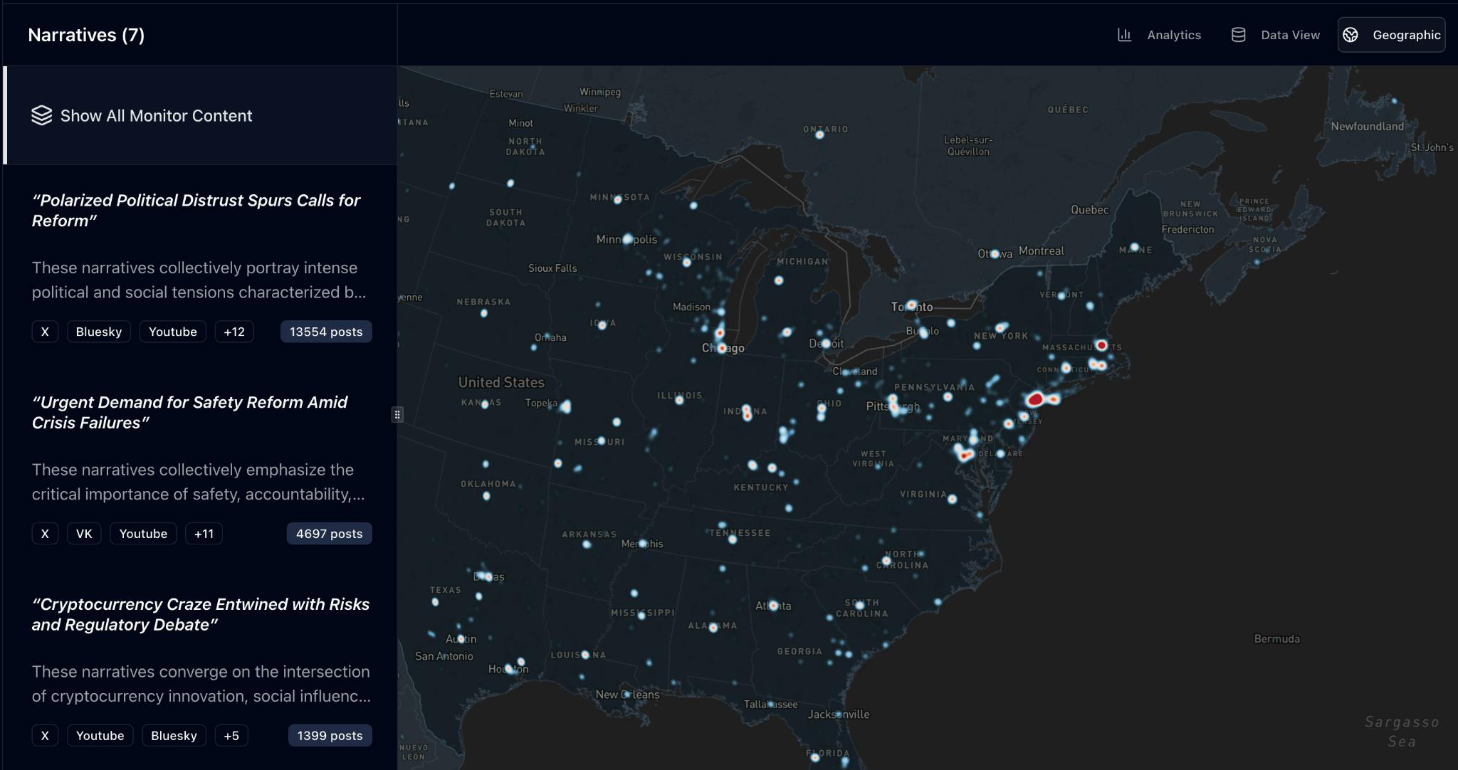 Visualizing U.S. narrative hotspots across monitored platforms within LI Geographic View.