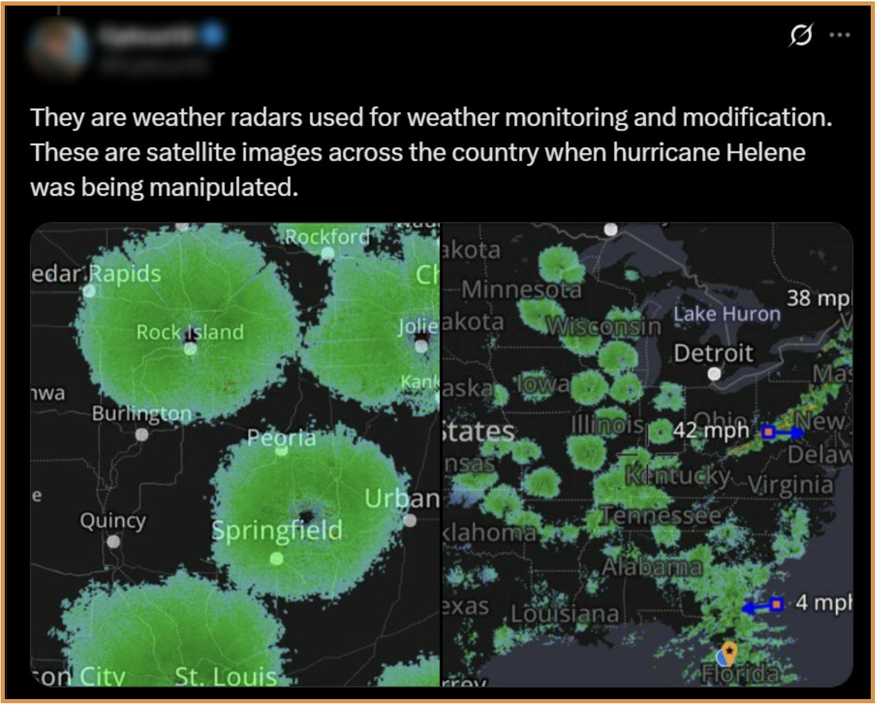 Figure 3. Circulated radar imagery falsely attributing circular storm patterns to HAARP/NEXRAD activity during Hurricane Helene. (Source: X posts, surfaced by LI.)