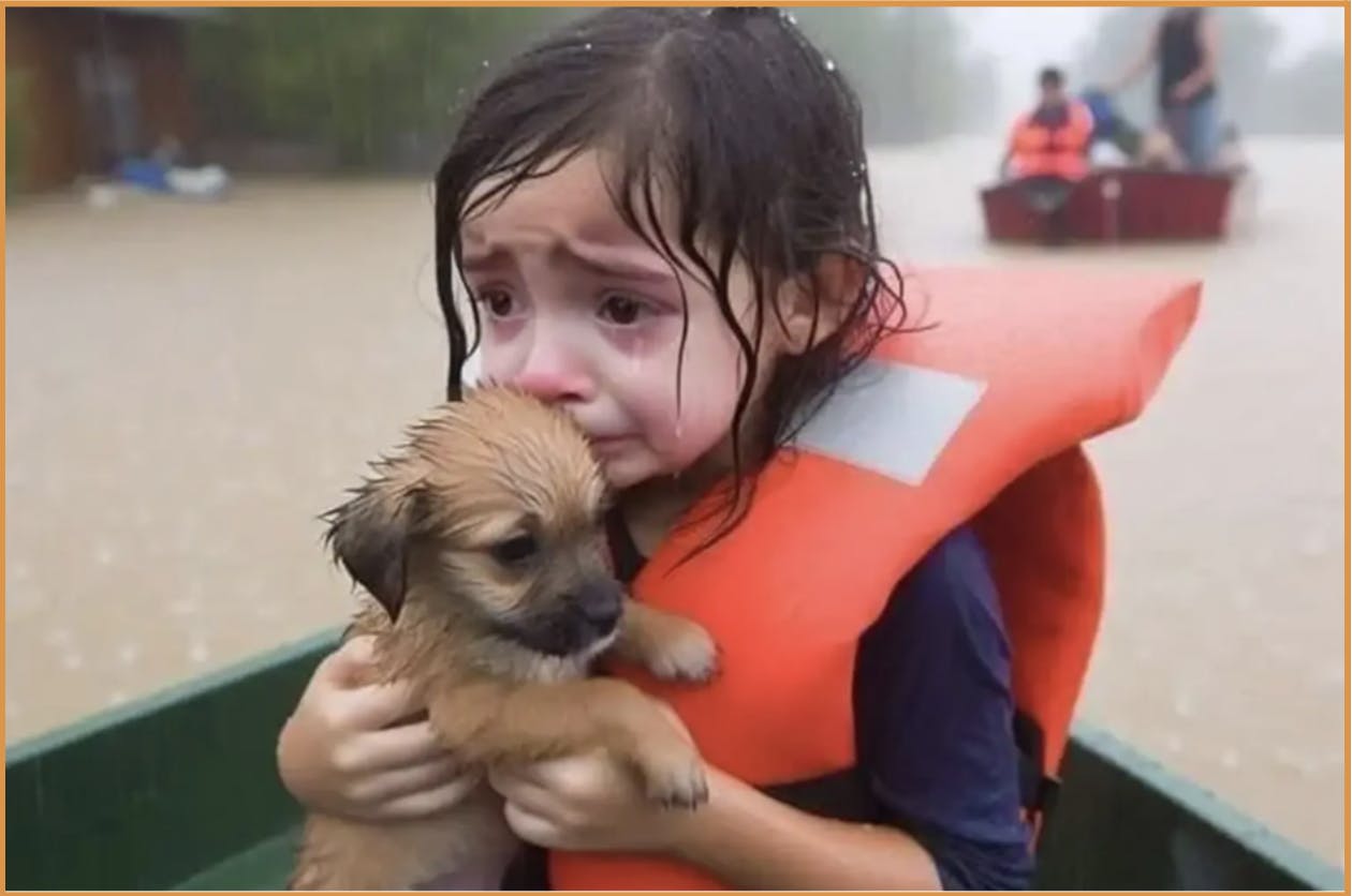 Figure 7. An AI-generated image of a child holding a wet puppy, falsely linked to Hurricane Helene floodwaters, was shared to support claims of FEMA neglect. (Source: Facebook post surfaced by LI)
