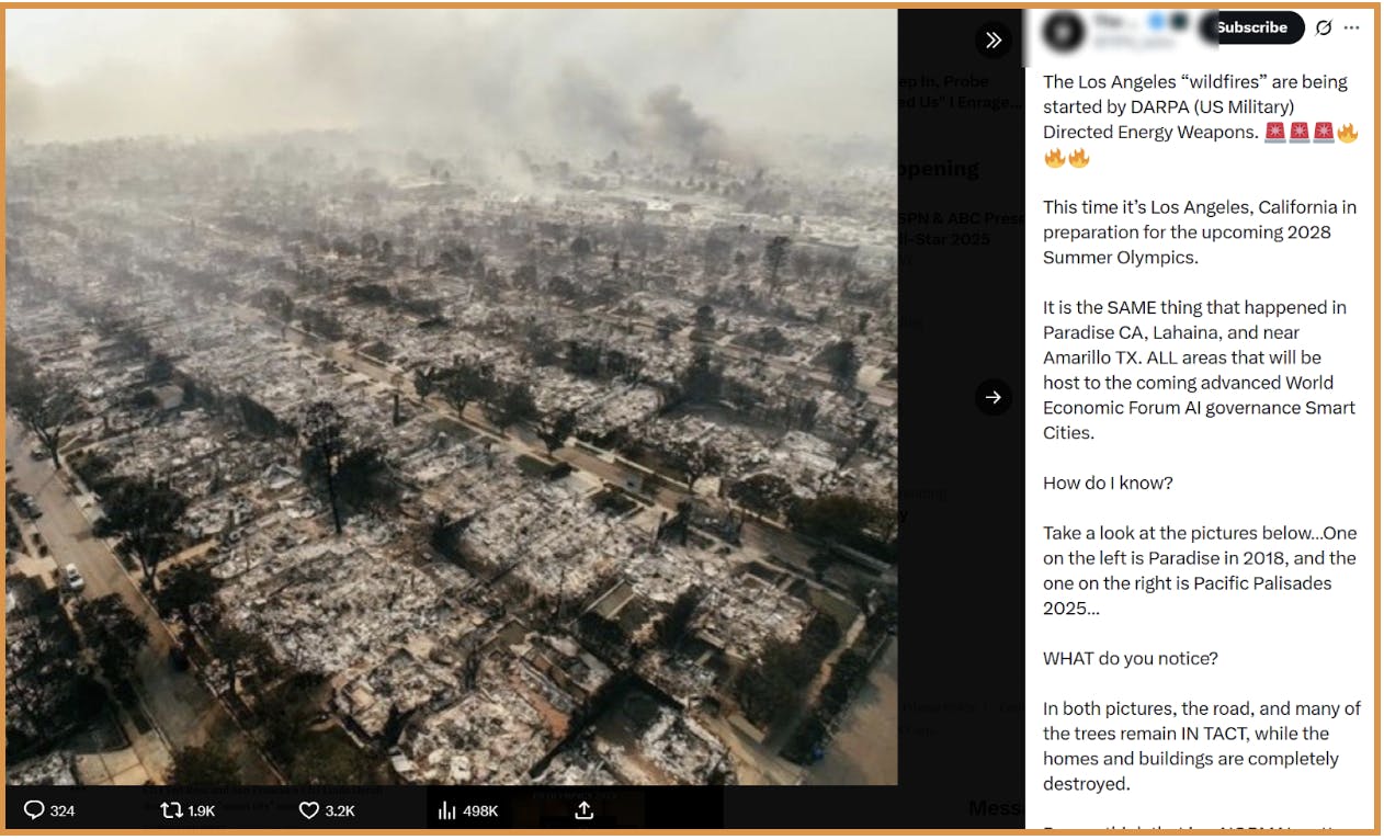 Figure 8. A viral X post alleging the 2025 LA fires were a DARPA-directed energy weapon plot to clear land for a future “smart city.” (Source: X, surfaced by LI)