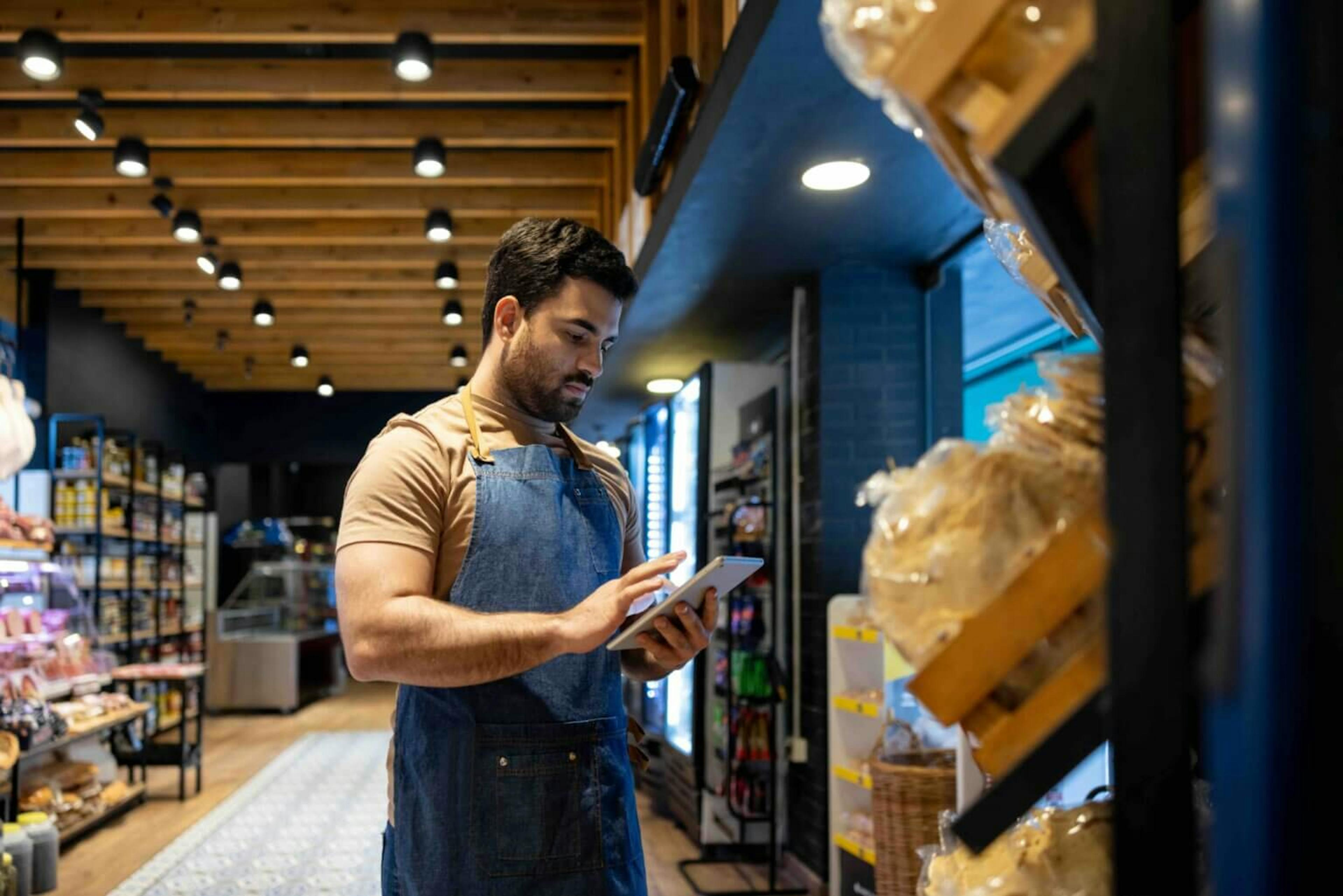 man using logile at his grocery store