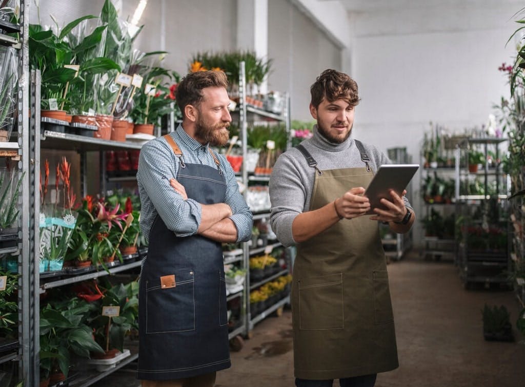 Greenhouse Retail Employees Using Tablet Connected for Operations