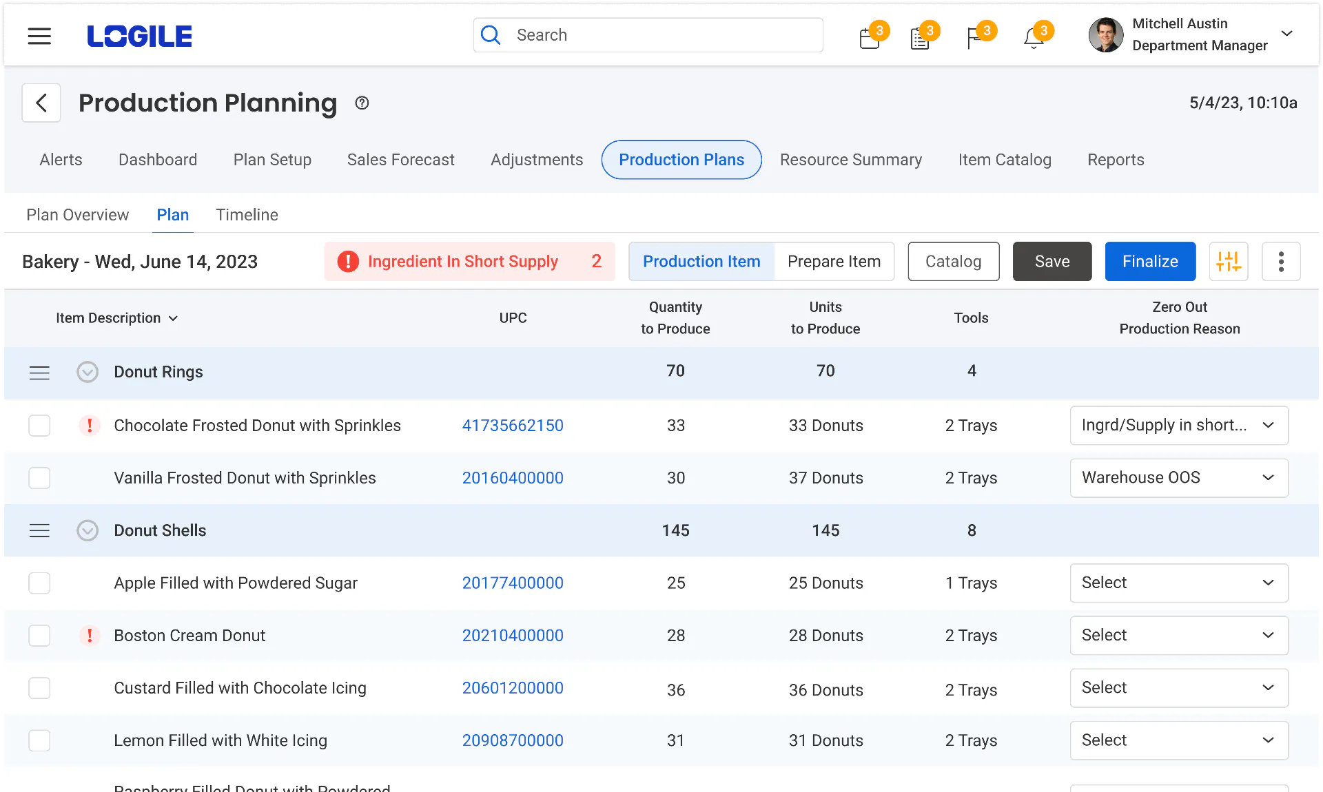 Production Planning Dashboard Screenshot