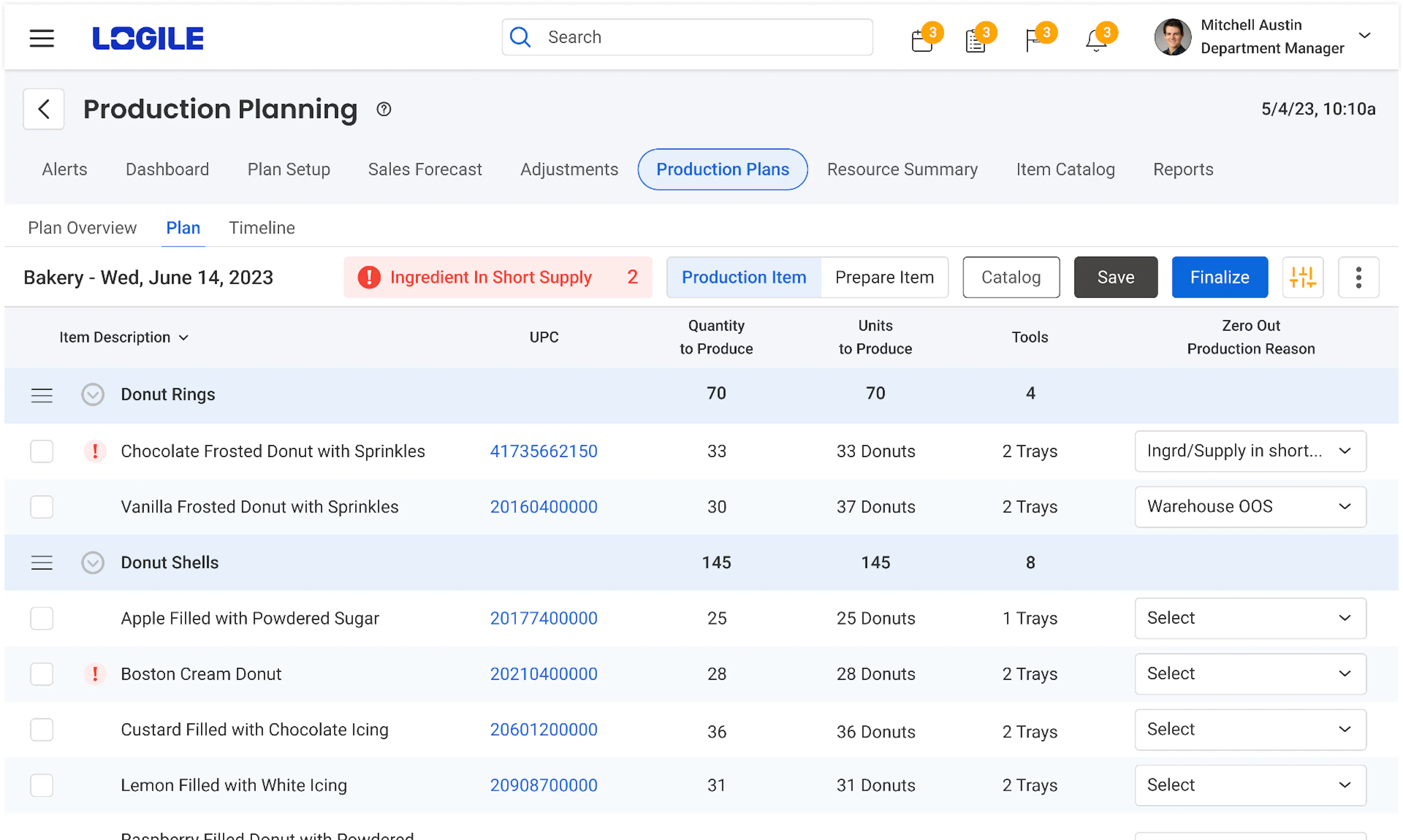 Production Planning Dashboard Screenshot