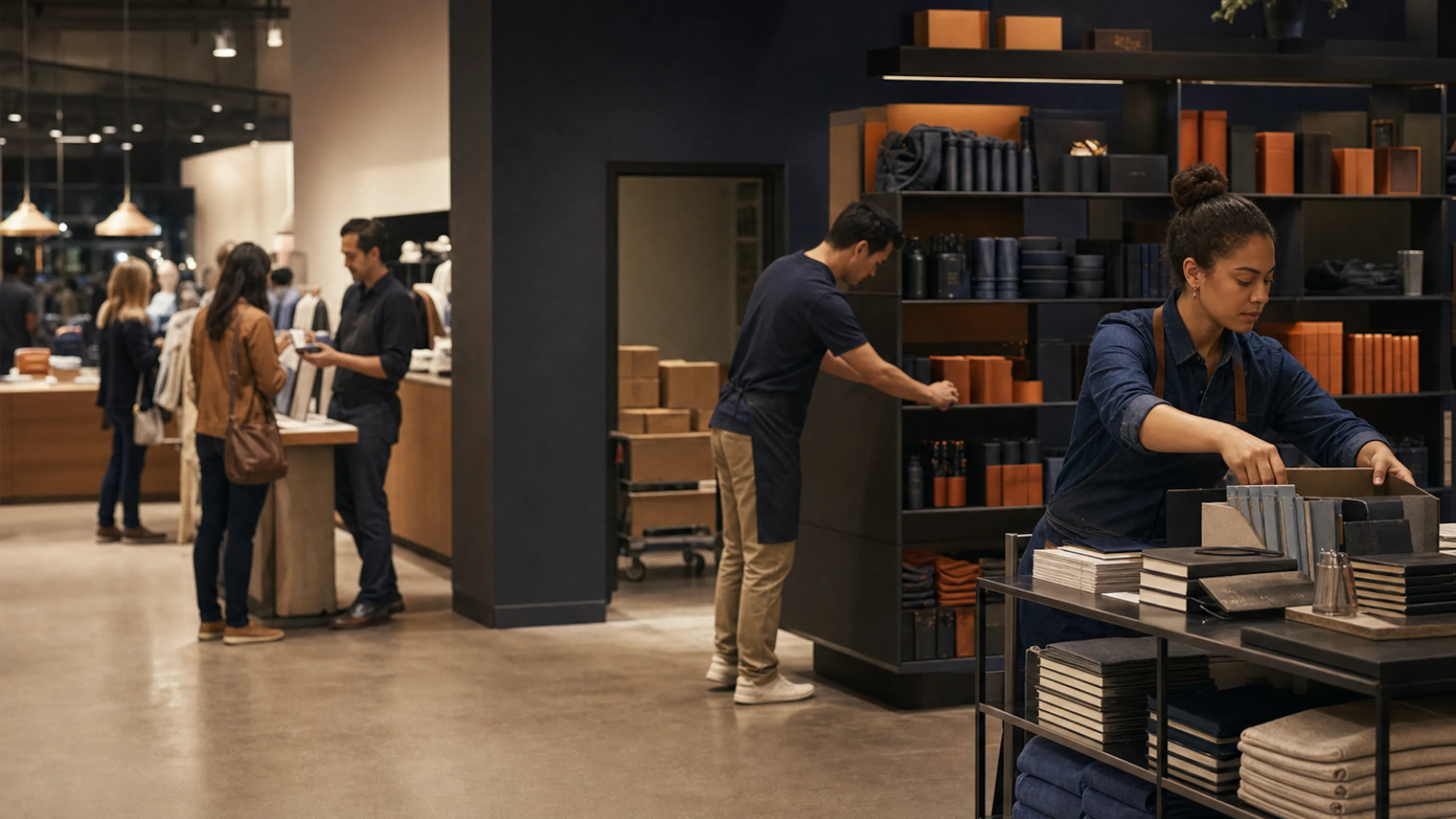 Retail associates preparing a store for increased Q4 holiday demand