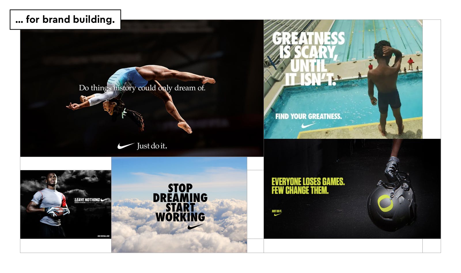 Various Nike commercials showcasing the brand's champion storytelling.