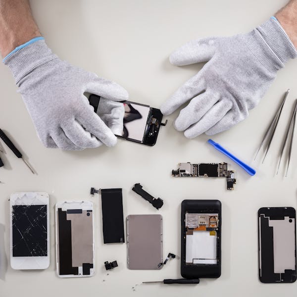 Bilaðir farsímar á borði sem verið er að gera við