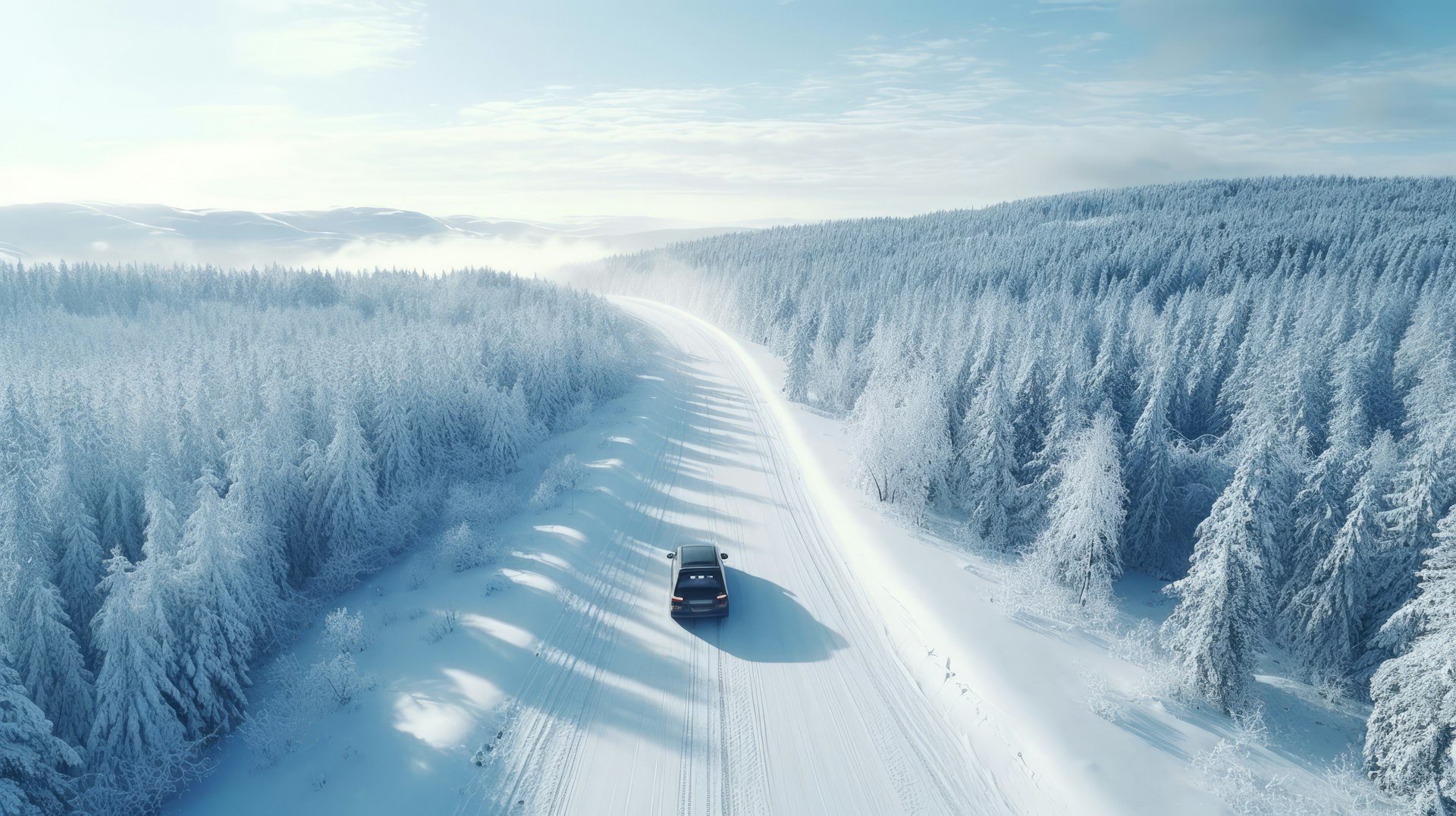 White car driving on winding road through snowy forest, sun light. Concept winter travel, aerial view.