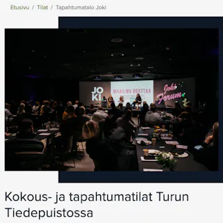 Kokous- ja tapahtumatilojen hero-osio Turun Teknologiakiinteistöjen verkkosivuilla. Otsikkoa edeltää kuva Cave-teatterista vierailukeskus Joessa.