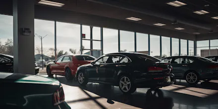 Autokaupan näyttelyhuone. Suurista ikkunoista sisääntuleva valo luo varjot autojen ylle.