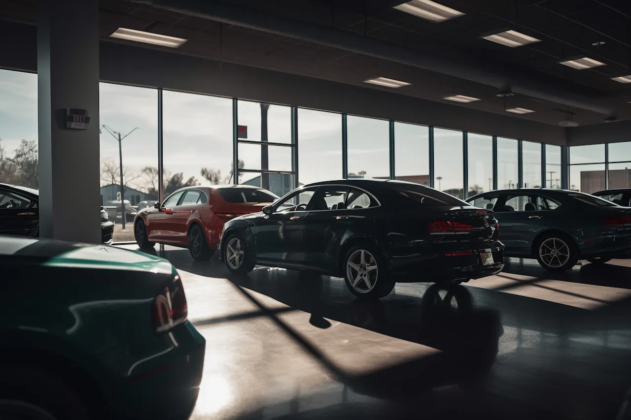 Autokaupan näyttelyhuone. Suurista ikkunoista sisääntuleva valo luo varjot autojen ylle.