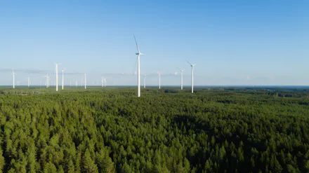 Ilmakuva tuulimyllyistä suomalaisen metsän keskellä.