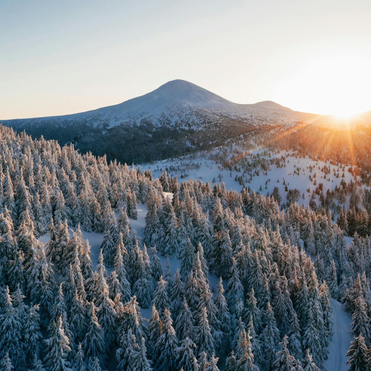 Winter aerial landscape of Carpathian mountains.