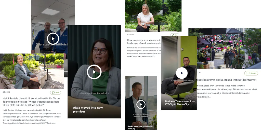 Turun Teknologiakiinteistön verkkosivuilta poimittuja sisältöjä aseteltuna hajanaisesti valkoiselle taustalle.