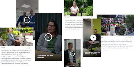 Turun Teknologiakiinteistön verkkosivuilta poimittuja sisältöjä aseteltuna hajanaisesti valkoiselle taustalle.