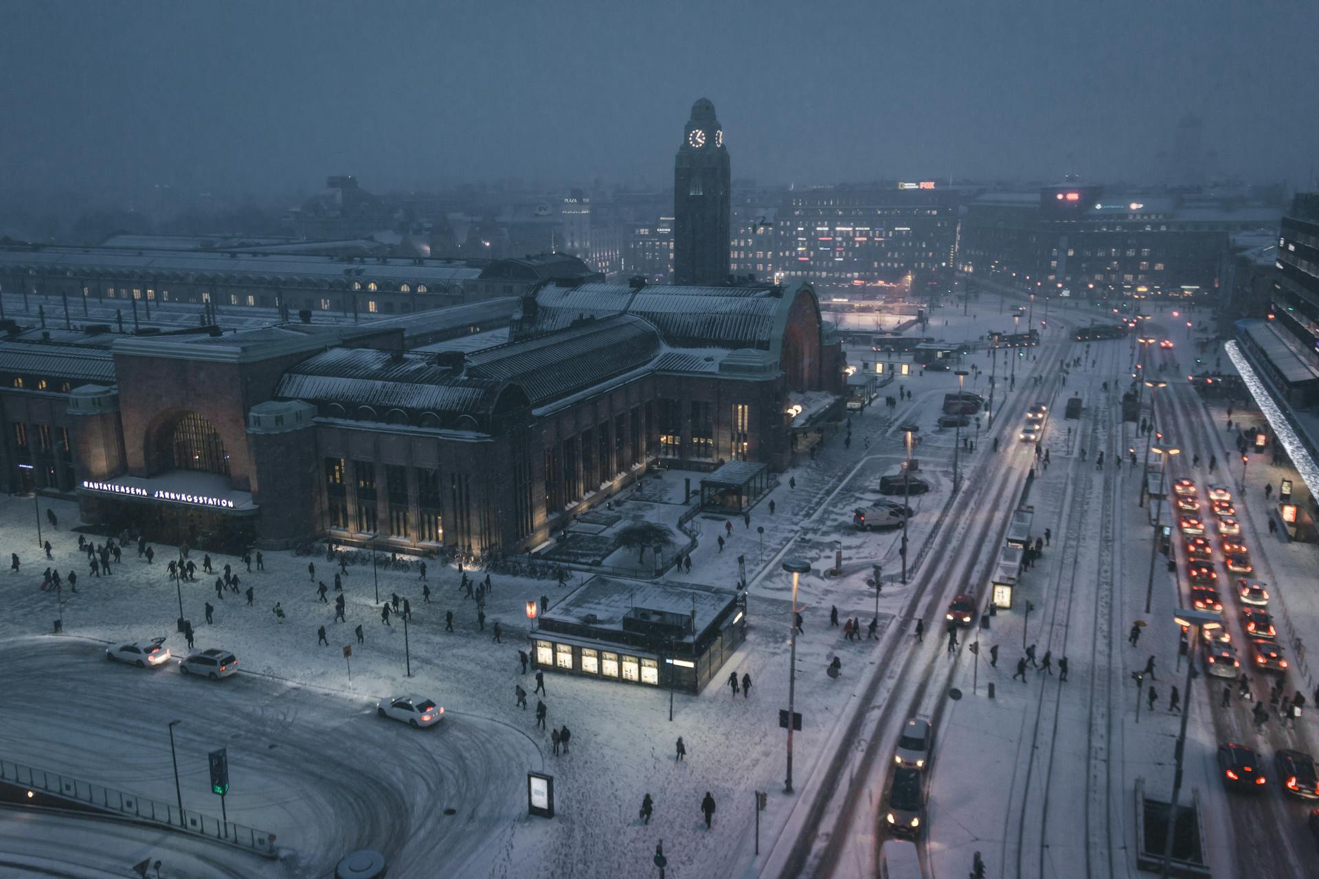 Sky view of gloomy city center of Helsinki in the winter