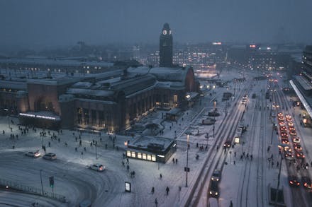 Sky view of gloomy city center of Helsinki in the winter