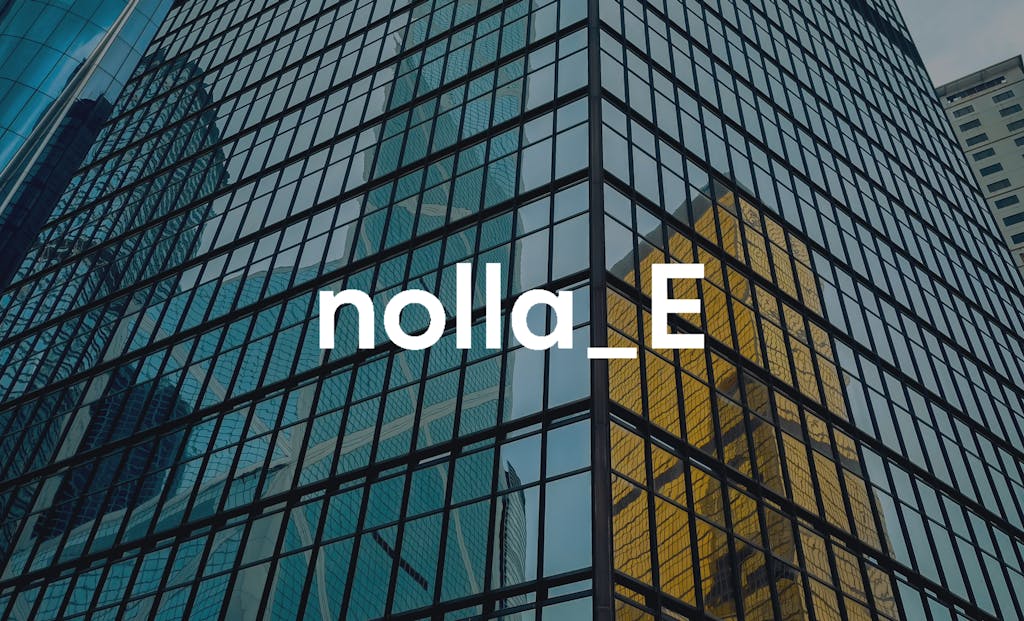 nollaE logo in front of a picture of a skyscraper
