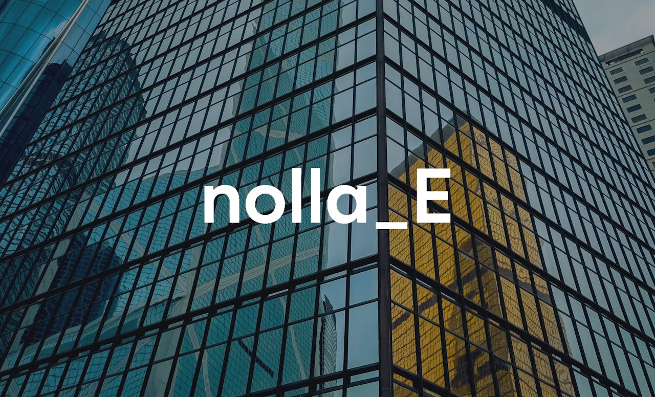 nollaE logo in front of a picture of a skyscraper