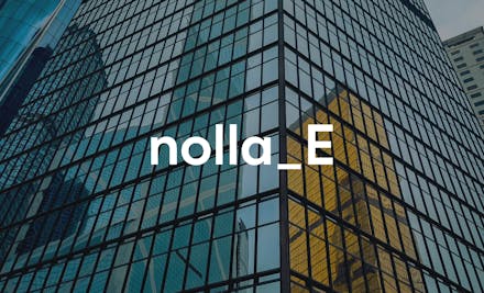 nollaE logo in front of a picture of a skyscraper